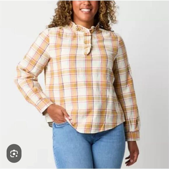 ST JOHN’S BAY Womens Plaid Blouse 1X Neutral Ruffle Neck Long Sleeve Cotton Fall - Picture 1 of 15